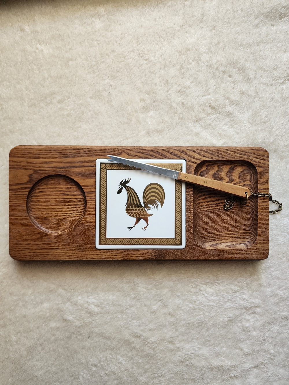 Wooden Cheese Board with Gold Rooster Tile & Knife Vintage Mid-Century
